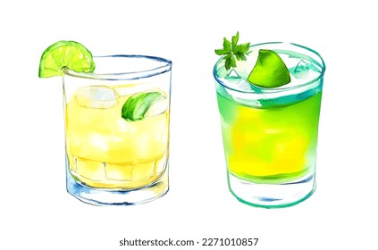 Hand drawn watercolor Set of tropical refreshment cocktails, vector