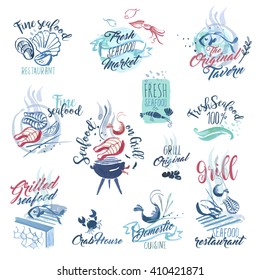 Hand drawn watercolor signs and stickers of seafood. Set of vector illustrations for menu, food and drink, restaurant and fish market.