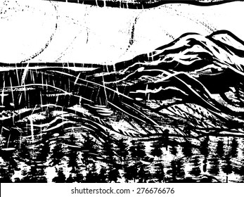 Hand drawn watercolor sketch.  Abstract view of hills and trees on white background. Black and white landscape composition. Vector illustration