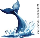 Hand drawn watercolor sketch, blue whale tail in the water, vector fish dives