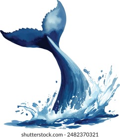 Hand drawn watercolor sketch, blue whale tail in the water, vector fish dives