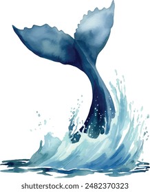 Hand drawn watercolor sketch, blue whale tail in the water, vector fish dives