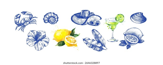 Aquarela desenhada à mão e esboço conjunto tropical. A vibração de verão Dolce Vita. Ilustração do vetor vintage