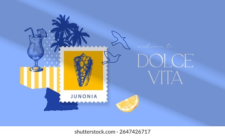 Aquarela desenhada à mão e pôster tropical de esboço. A vibração de verão Dolce Vita. Ilustração do vetor vintage