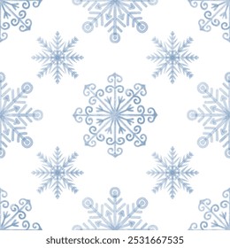Hand drawn watercolor snowflakes, vector, white background. Seamless floral pattern-449.