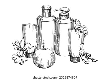 Hand drawn watercolor spa and bath beauty products accessories floating candles. Horizontal composition. Isolated on white background. Design for wellness resort, print, fabric, cover, card, booklet.