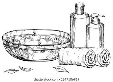 Hand drawn watercolor spa and bath beauty products accessories floating candles. Horizontal composition. Isolated on white background. Design for wellness resort, print, fabric, cover, card, booklet.