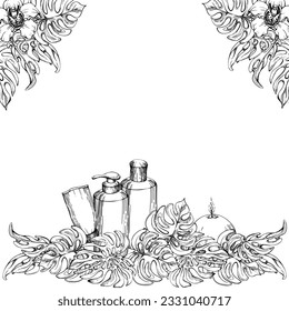 Hand drawn watercolor spa skincare bath beauty products package with flowers and leaves. Frame border. Isolated on white background. Design for wellness resort, print, fabric, cover, card, booklet.