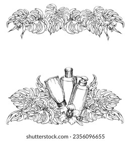 Hand drawn watercolor spa skincare bath beauty products package with flowers and leaves. Frame border. Isolated on white background. Design for wellness resort, print, fabric, cover, card, booklet.