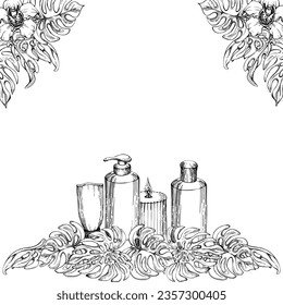 Hand drawn watercolor spa skincare bath beauty products package with flowers and leaves. Frame border. Isolated on white background. Design for wellness resort, print, fabric, cover, card, booklet.