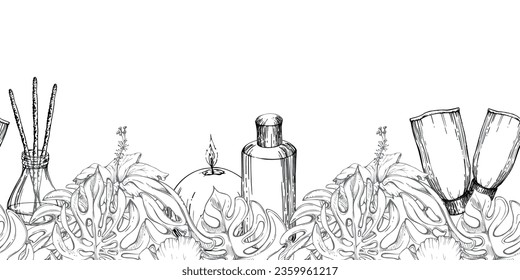 Hand drawn watercolor spa skincare bath beauty products package. Seamless horizontal banner. Isolated on white background. Design for wall art, wellness resort, print, fabric, cover, card, booklet.