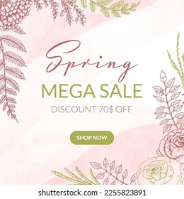 Hand drawn watercolor spring sale banner. Floral vector illustration in sketch style