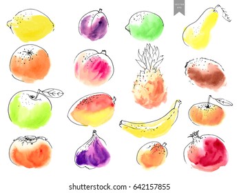 Hand drawn watercolor stains with line art fruit drawings overlaid. Colorful set in simple minimalistic style.