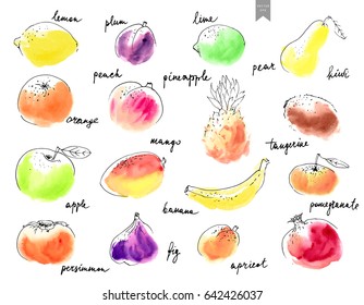 Hand drawn watercolor stains with line art fruit drawings overlaid. Colorful set in simple minimalistic style with lettering.