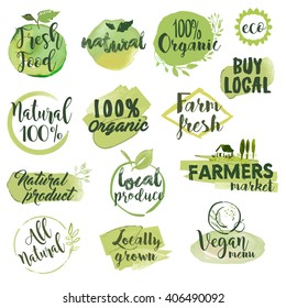 Hand drawn watercolor stickers and badges for organic food, restaurant and natural products. Vector illustration set for graphic and web design.