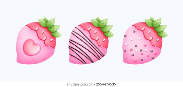 Hand drawn watercolor strawberry illustration for Valentines Day themes. Romantic, cute design perfect for greeting cards, festive decor, and creative digital projects.