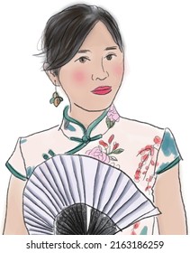 Hand drawn watercolor style Classical woman in cheongsam