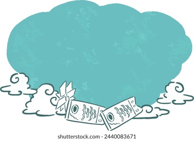 Hand drawn watercolor style line art frame illustration with koinobori and clouds and shuriken