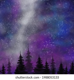 Hand drawn watercolor style night sky galaxy and star background. 