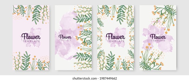 Hand drawn watercolor summer floral invitation card. Beautiful soft floral and leaves wedding invitation card. Hand drawn floral wedding invitation card set