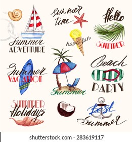 Hand drawn watercolor summer labels