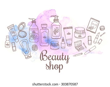 Hand drawn watercolor template with make-up objects - shampoo, cream, lipstick, mascara nail-polish, perfume, lotion, eyeshadow. Doodle cosmetics background for beauty shop.