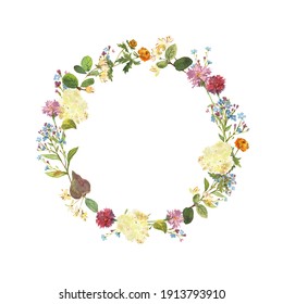 Hand drawn watercolor texture. Spring or summer wreath. Beautiful gentle flowers in the composition. Hydrangea, cornflowers, brunnera. Design for prints, invitations, textile. Vector