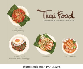 Hand drawn watercolor Thai food including Pad Thai, Som Tum or papaya salad, Pad Kra Pow or basil with beef and fried egg, and Tom Yam Kung. 