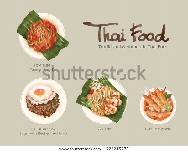 Hand Drawn Watercolor Thai Food Including Stock Vector (Royalty Free ...