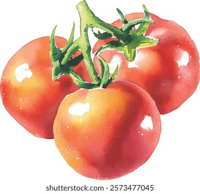 Hand drawn watercolor tomato bunch isolated on white background. Realistic food illustration vector 