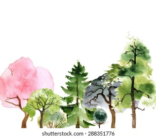 Hand drawn watercolor trees over white background