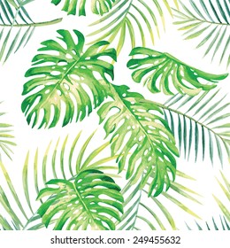 Hand drawn watercolor tropic monstera leaves and palm. exotic jungle vector painting plant seamless summer pattern