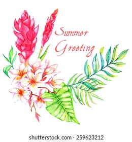 Hand drawn watercolor tropical composition and greeting card template with colorful leaves and flowers. In vector, isolated on the white background