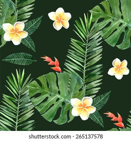 hand drawn watercolor tropical plants seamless