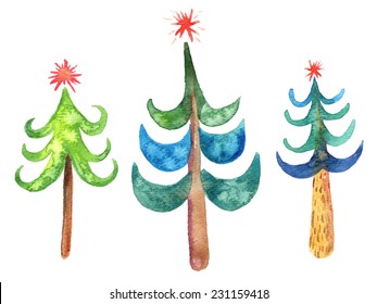 Hand drawn watercolor vector Christmas trees. Perfect for Christmas design.