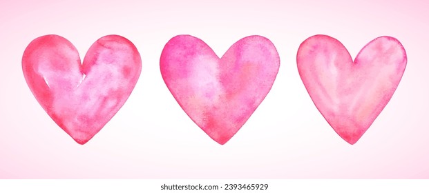 Hand drawn watercolor vector heart shapes set, collection. Pink, rose aquarelle stains, uneven doodle edge. Textured artistic Valentine day backgrounds, brush drawn design elements, painted templates.