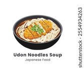 Hand drawn watercolor vector illustration of Udon Noodle Soup Japanese Food 