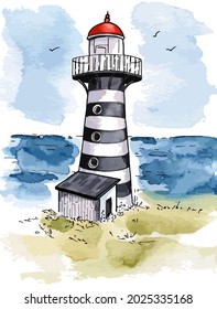 Hand drawn watercolor vector illustration of a lighthouse in the sea. With isolated white background. Perfect for postcard, postage stamp, poster, banner