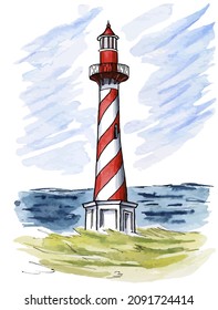 Hand drawn watercolor vector illustration of a lighthouse in the sea. With isolated white background. Perfect for postcard, postage stamp, poster, banner