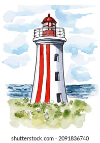 Hand drawn watercolor vector illustration of a lighthouse in the sea. With isolated white background. Perfect for postcard, postage stamp, poster, banner