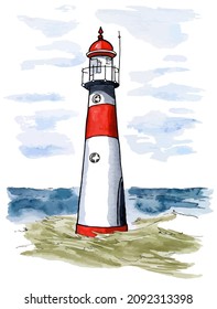 Hand drawn watercolor vector illustration of a lighthouse in the sea. With isolated white background. Perfect for postcard, postage stamp, poster, banner