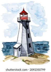 Hand drawn watercolor vector illustration of a lighthouse in the sea. With isolated white background. Perfect for postcard, postage stamp, poster, banner