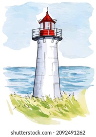 Hand drawn watercolor vector illustration of a lighthouse in the sea. With isolated white background. Perfect for postcard, postage stamp, poster, banner