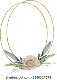 Hand drawn watercolor vector illustration. Double oval gold frames with rose, feather and leaves. Greenery. Floral Design elements. Modern rose wedding invitation card, template with watercolor floral