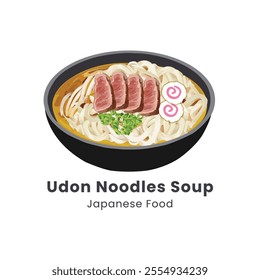 Hand drawn watercolor vector illustration of Udon Noodle Soup Japanese Food 