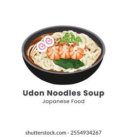 Hand drawn watercolor vector illustration of Udon Noodle Soup Japanese Food 