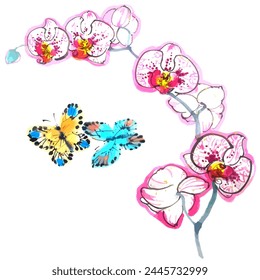 Hand drawn watercolor vector of orchid flowers with butterflies. Traditional chinese ink and was  painting