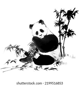 Hand drawn watercolor vector of panda and bamboo. Traditional chinese ink and wash painting