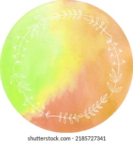 Hand drawn watercolor vector round frame. Doodle floral wreath with leaves, berries, branches. Ink, vintage and rustic styles. 
