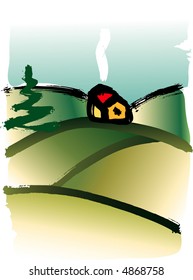 hand drawn watercolor vectorized landscape with little house and tree